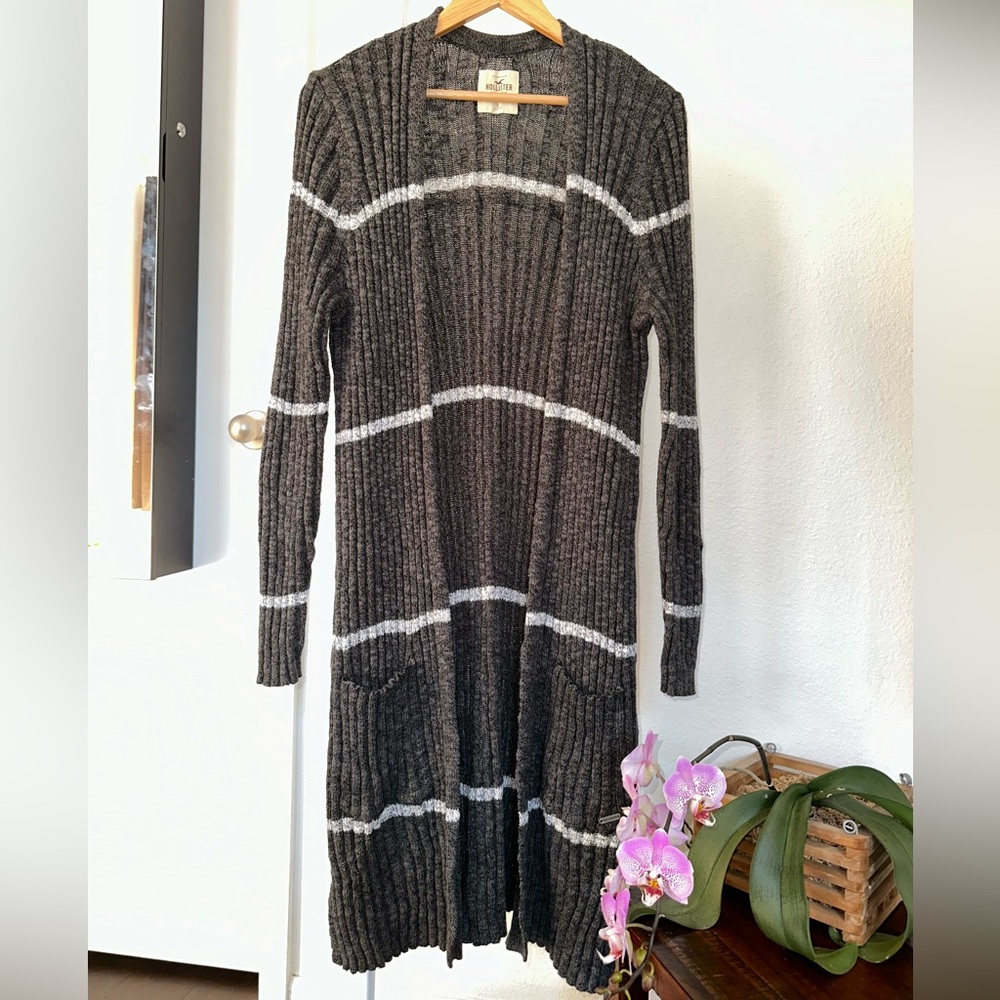Hollister Long Grey Knit Cardigan with White Stripes & Pockets